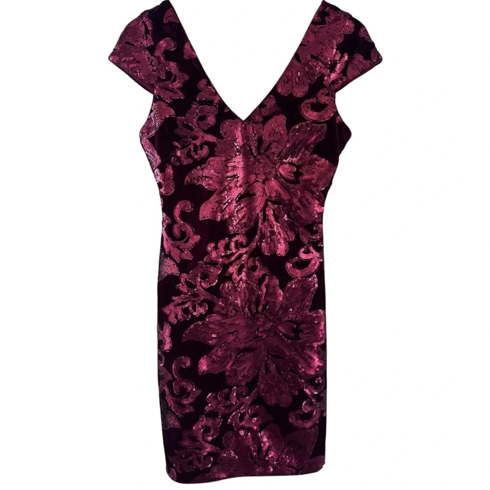Guess Burgundy Velvet Sequin Mini Evening Dress Size 4 - Picture 4 of 17